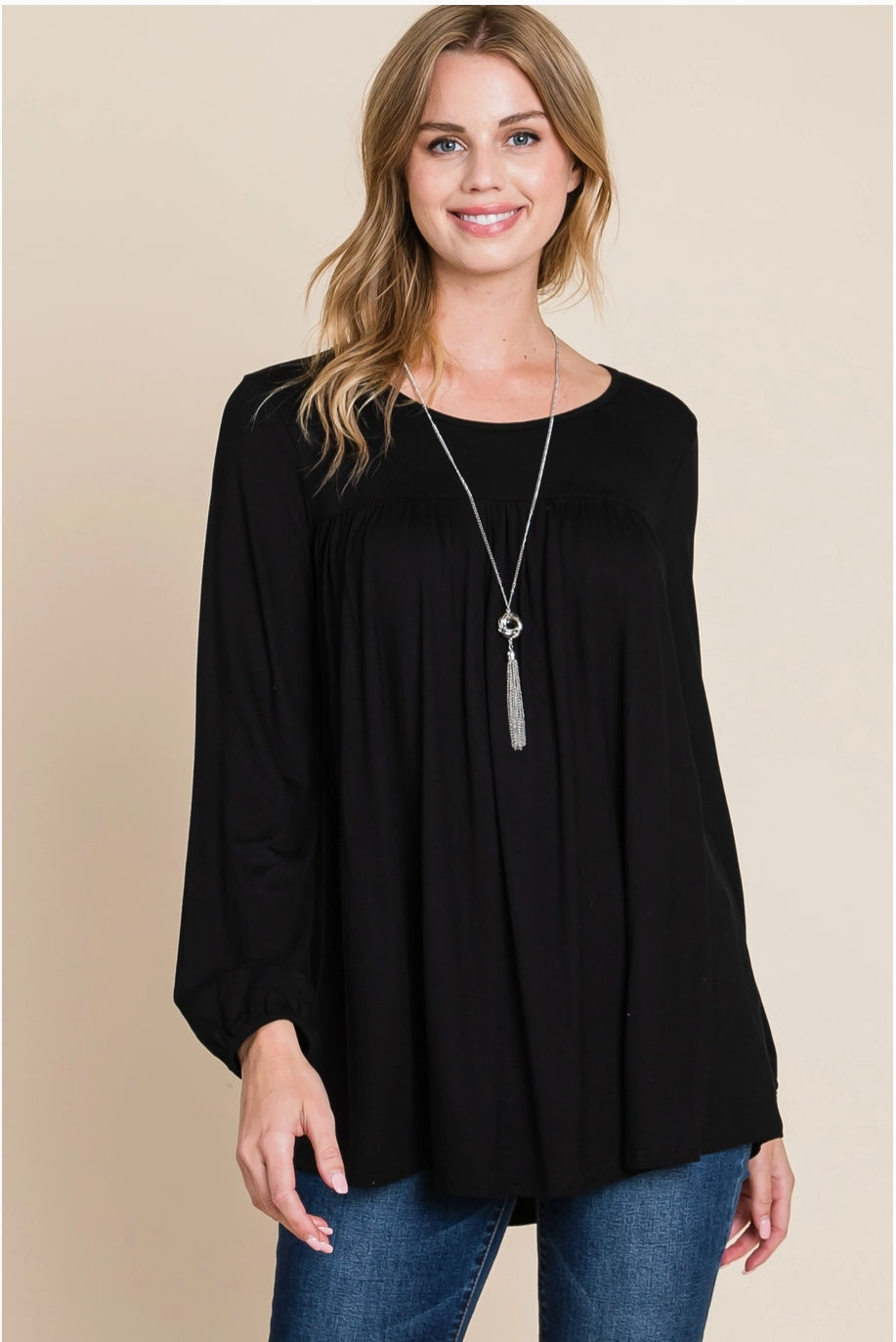 Bombom women's long sleeve puff sleeve top in mocha, relaxed fit, casual style, shown on a model.