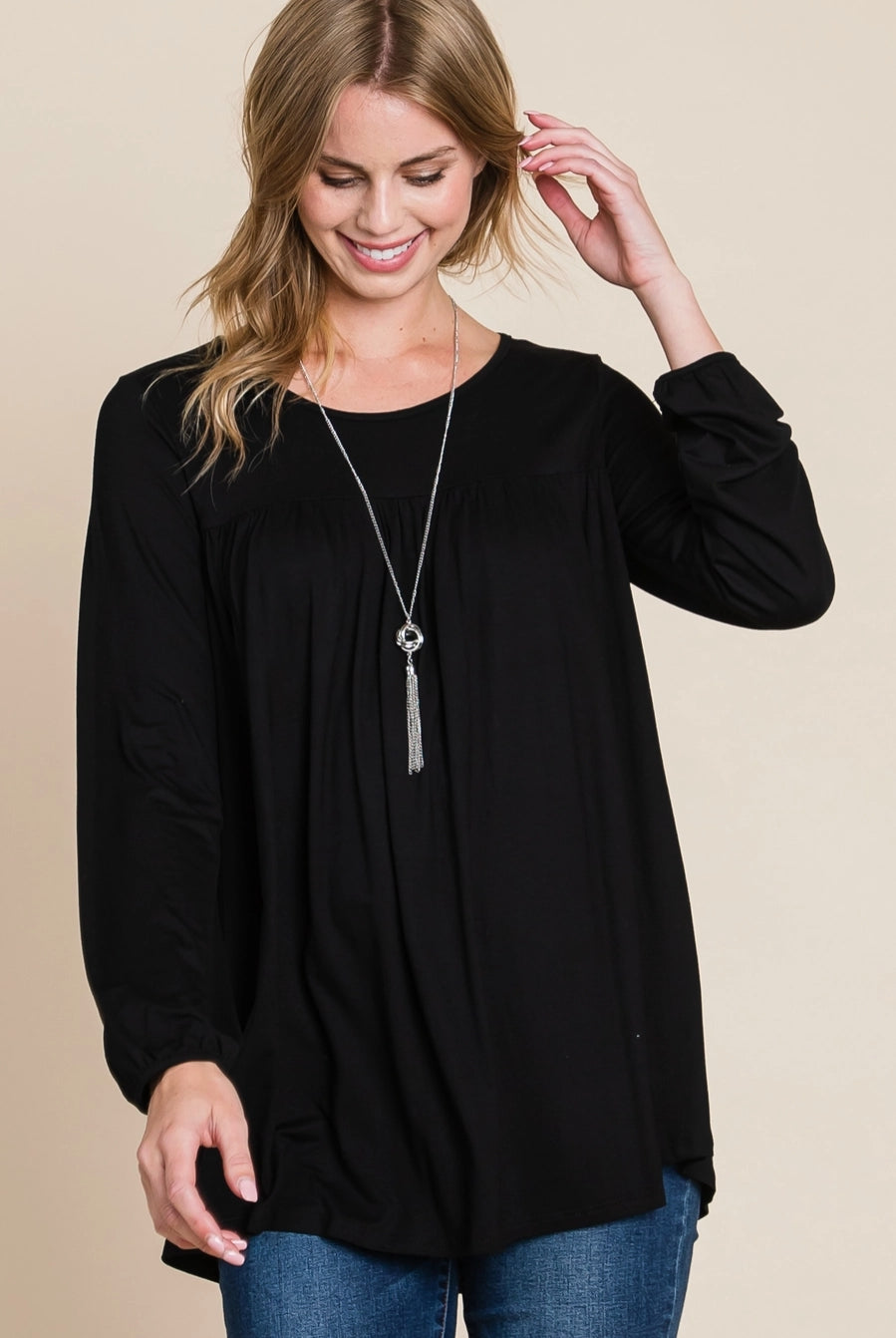 Bombom women's relaxed fit mocha long sleeve puff sleeve top with a casual, comfortable style.