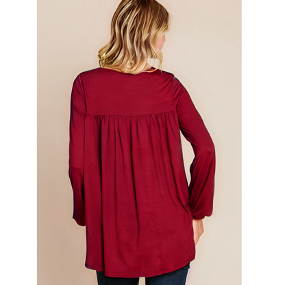 Bombom women's long sleeve puff sleeve top in mocha, relaxed fit, stylish and comfortable for casual wear.