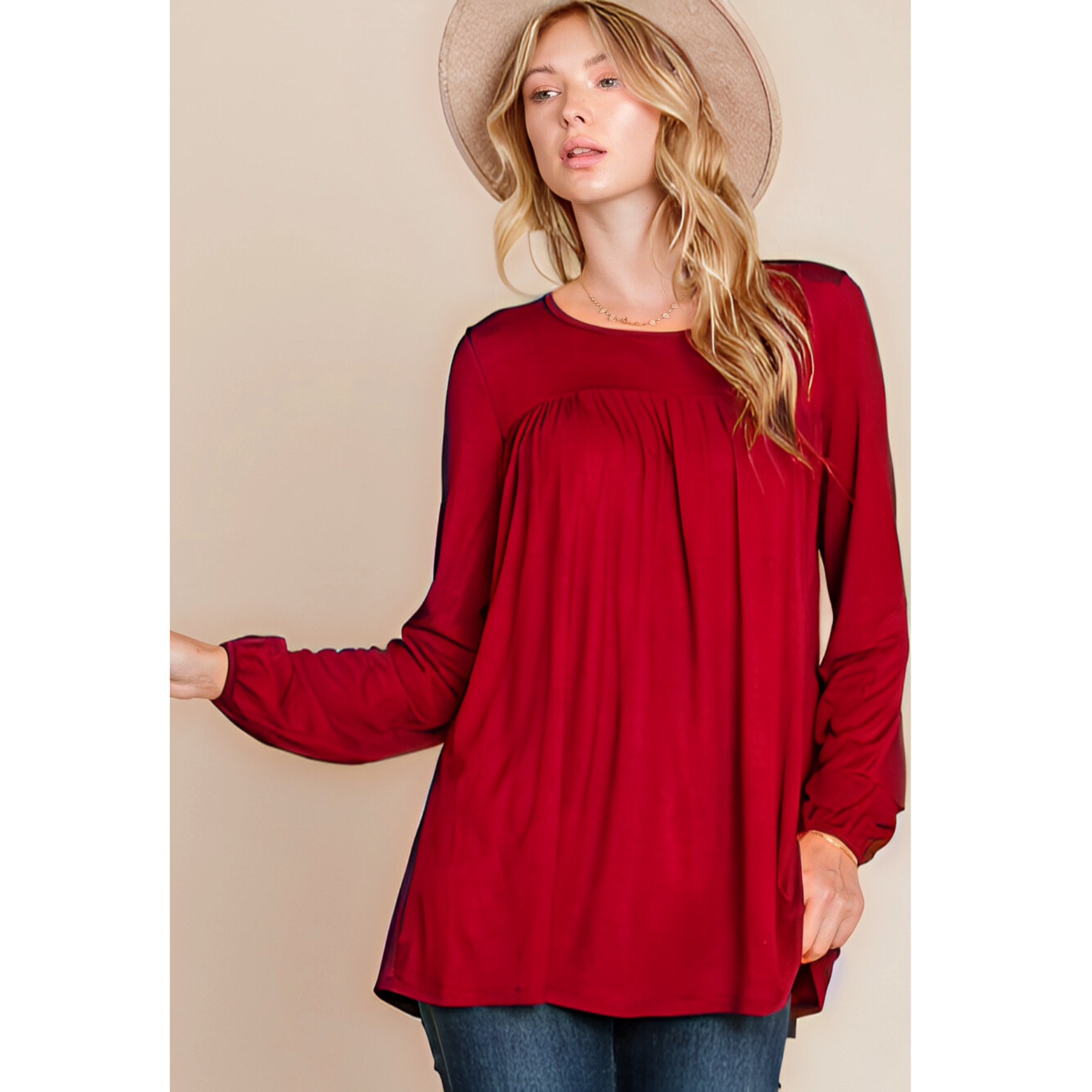 Bombom women's long sleeve puff sleeve top in mocha, relaxed fit, stylish and comfortable for casual wear.