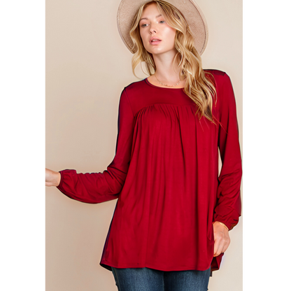 Bombom women's long sleeve puff sleeve top in mocha, relaxed fit, stylish and comfortable for casual wear.