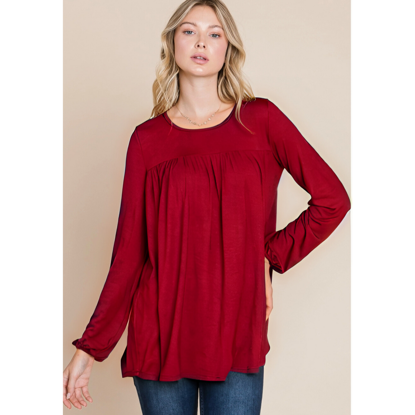 Bombom women's relaxed fit long sleeve puff sleeve top in mocha, casual style with comfortable fit and stylish design.