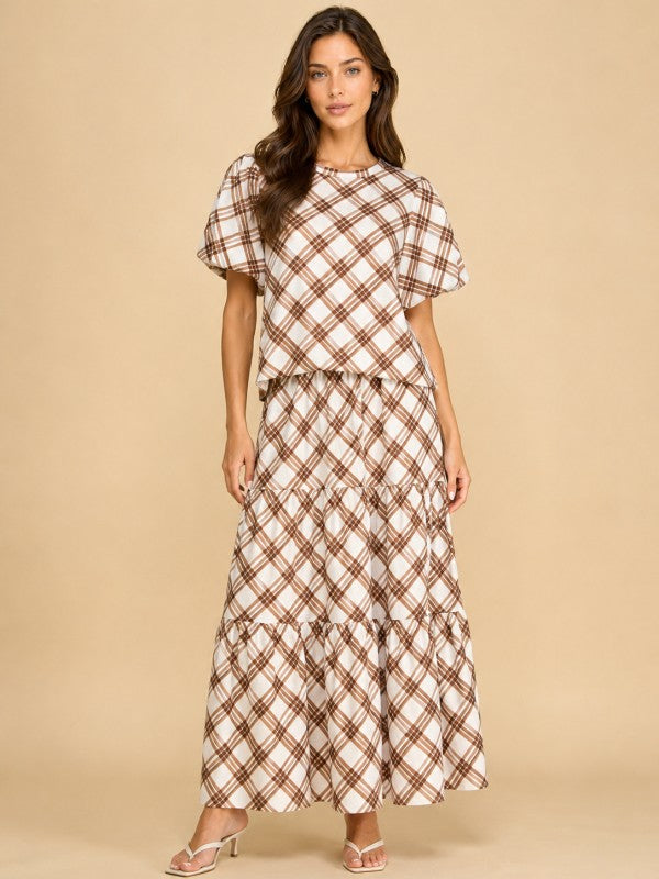Brown plaid tiered maxi skirt front view