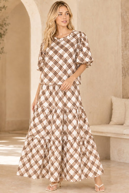 Brown plaid tiered maxi skirt styled with matching plaid top