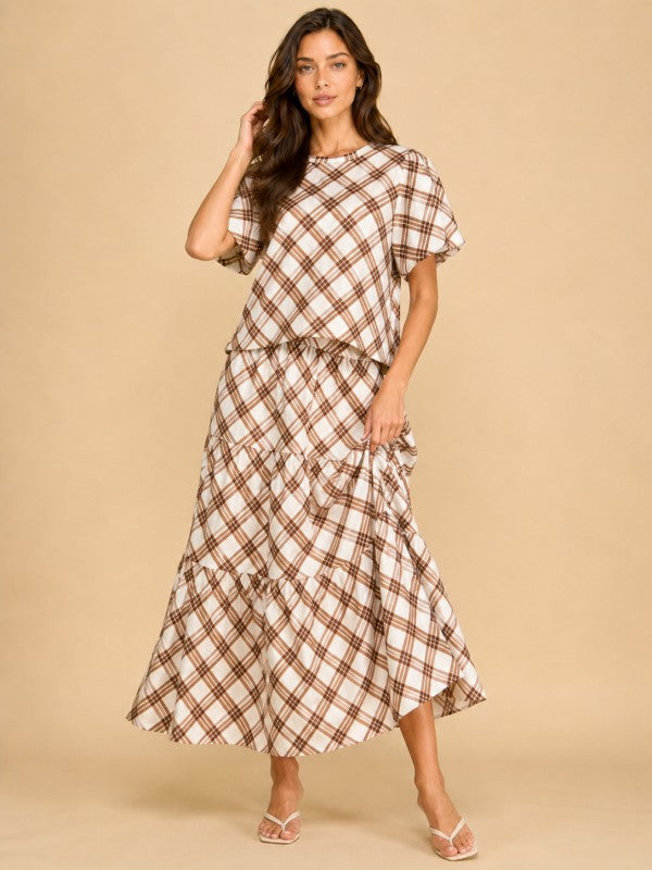 Brown plaid tiered maxi skirt three-quarter movement view