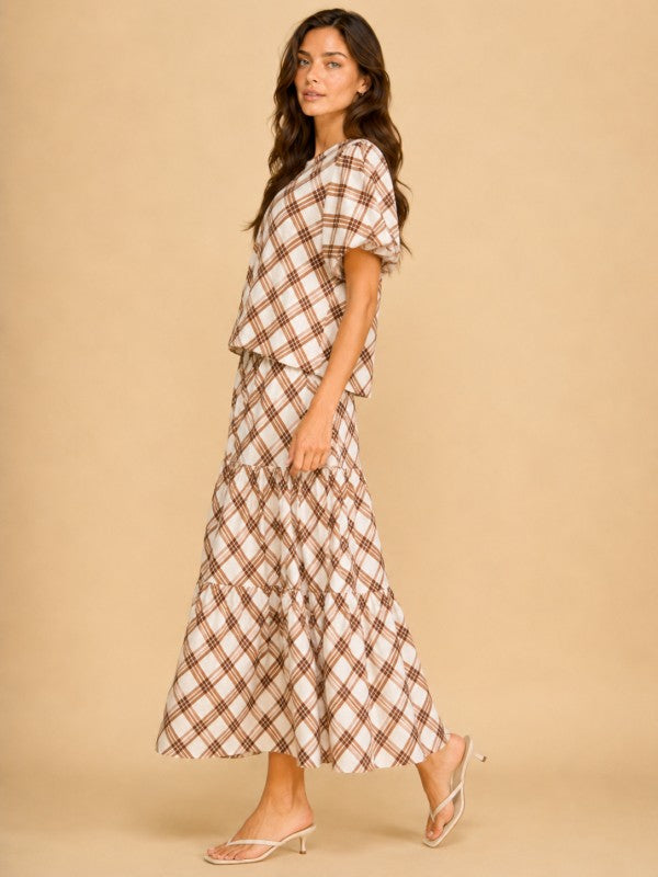 Brown plaid tiered maxi skirt side view