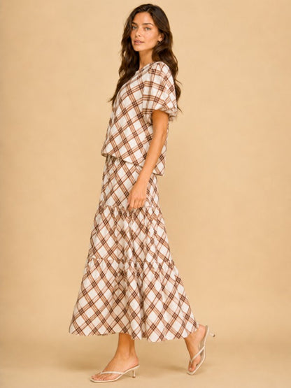 Brown plaid tiered maxi skirt side view