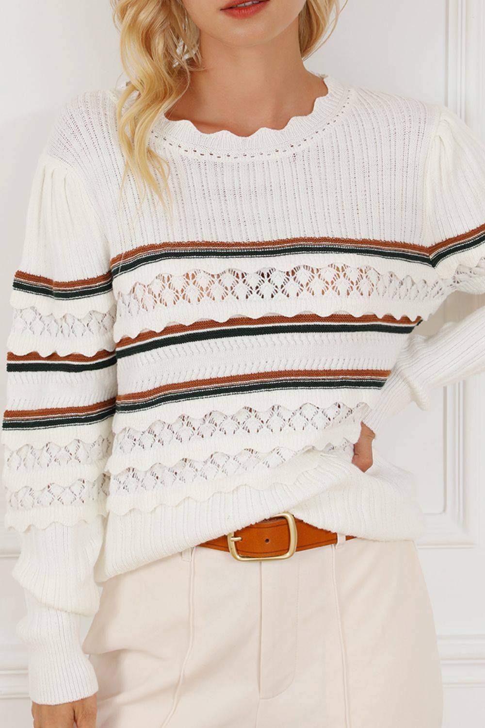 Striped Hollow Out Round Neck Long Sleeve Sweater