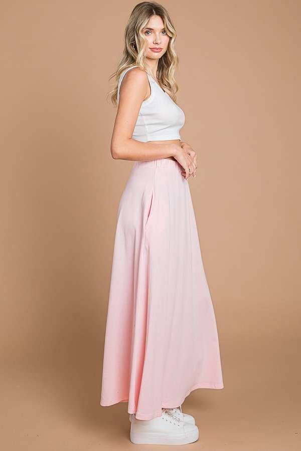 CBF1942-Maxi Full Solid Skirt with Pockets