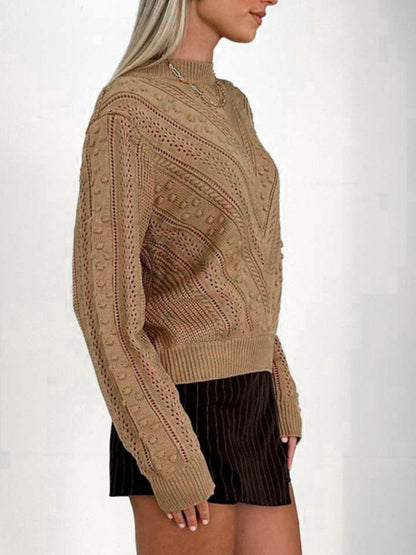 Perfee Openwork Round Neck Long Sleeve Sweater