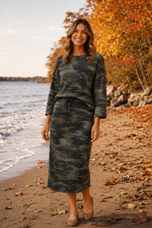 Camouflage French terry matching top and drawstring midi skirt on model