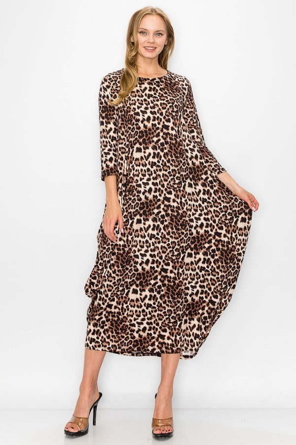 Leopard print women's Casa Lee maxi dress with side pockets, flowing silhouette, perfect for casual or stylish occasions.