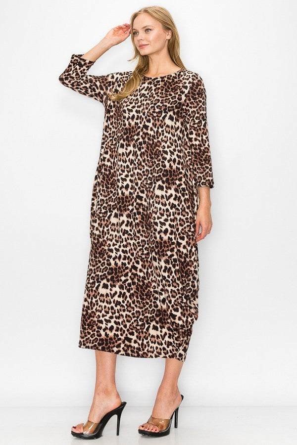 Leopard women's side pouch maxi dress by Casa Lee featuring pockets, flowing fabric, and stylish design for casual or dressy occasions.
