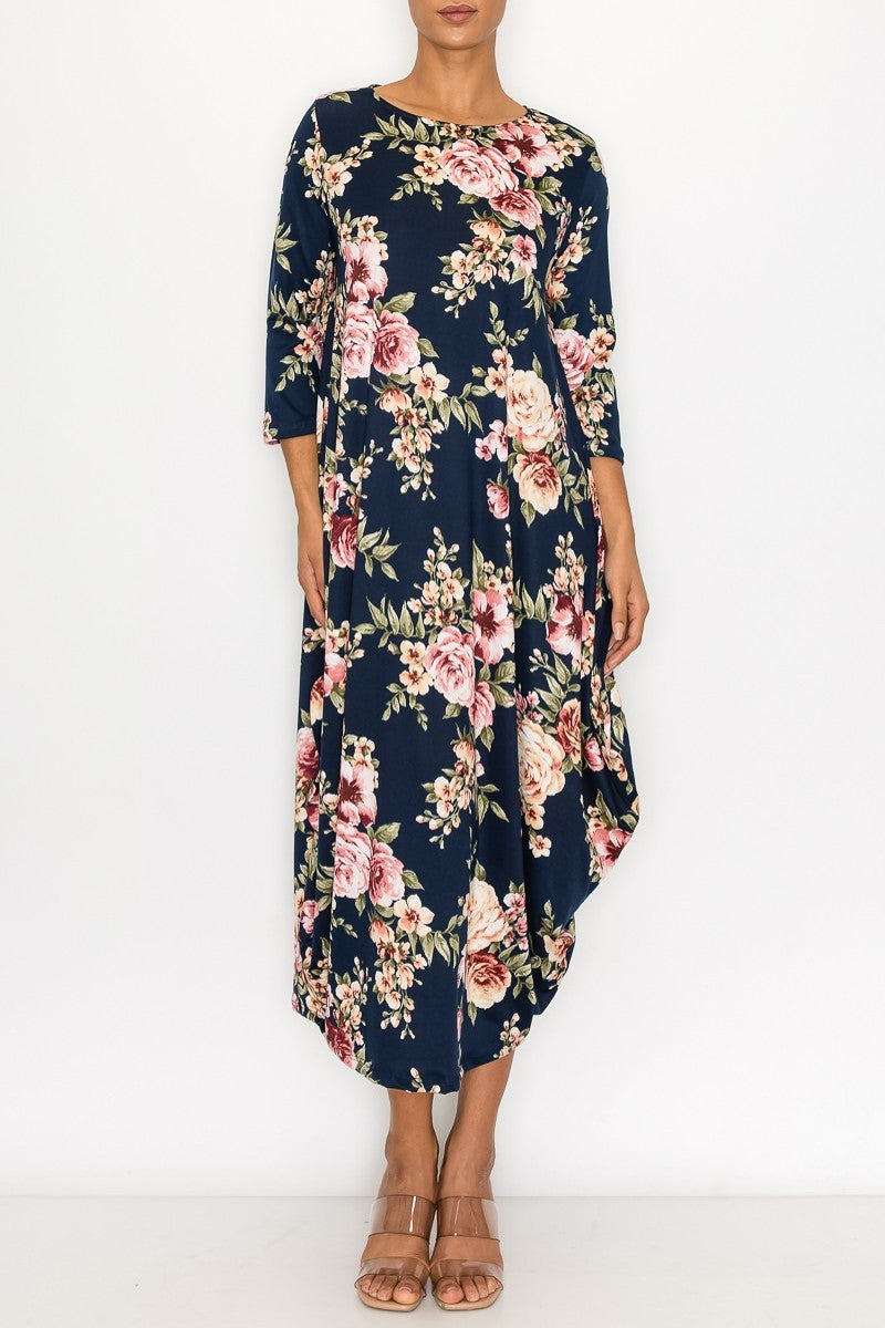 Navy mauve floral women's maxi dress by Casa Lee featuring side pockets and a relaxed, flowy silhouette.