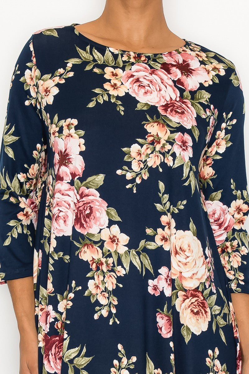 Navy mauve floral maxi dress for women with side pockets by Casa Lee, featuring a flowy design and elegant floral pattern.