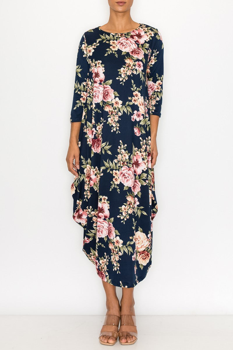 Navy mauve floral maxi dress for women with side pockets by Casa Lee, featuring a flowing design and elegant floral pattern.