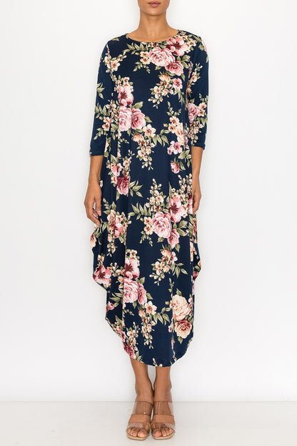 Navy mauve floral maxi dress for women with side pockets by Casa Lee, featuring a flowing design and elegant floral pattern.