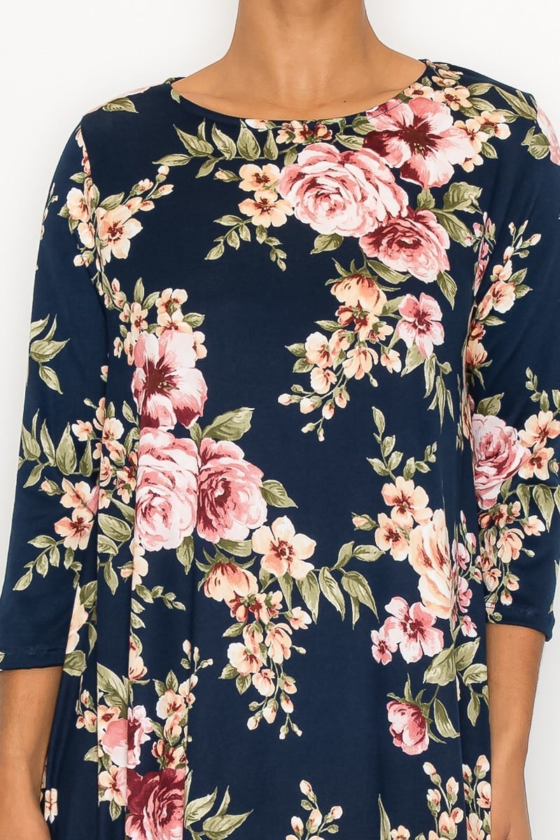 Navy mauve floral maxi dress for women with side pouch pockets by Casa Lee, featuring a flowing design and elegant floral pattern.