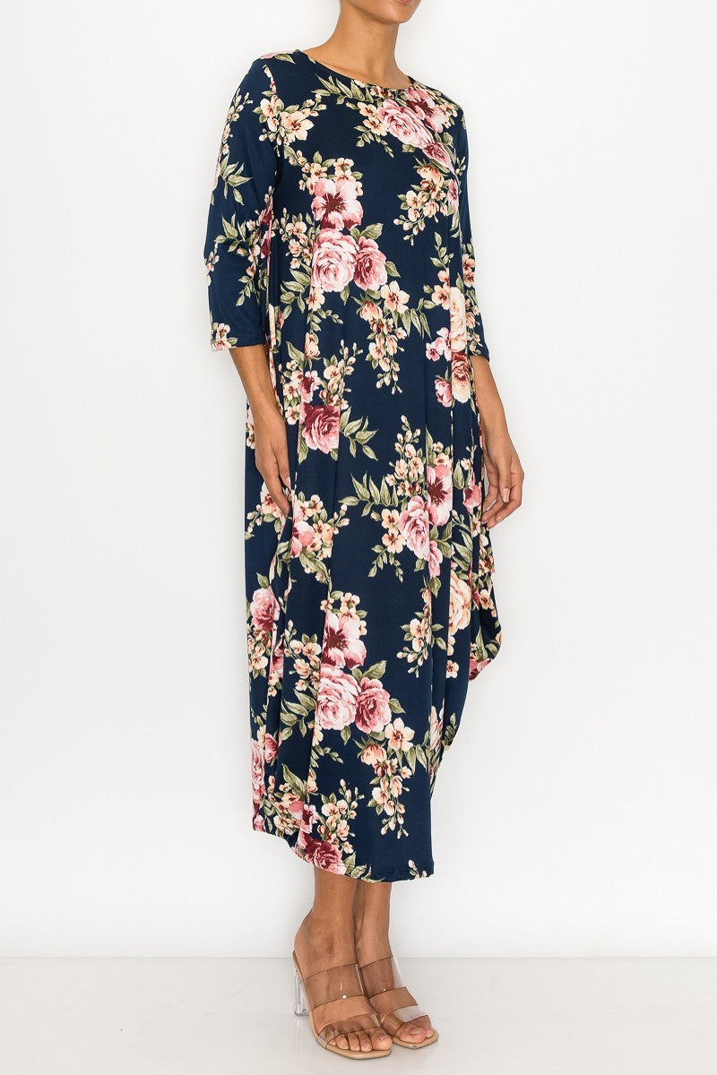 Navy mauve floral women's maxi dress with side pockets by Casa Lee, featuring a flowing design and comfortable fit.