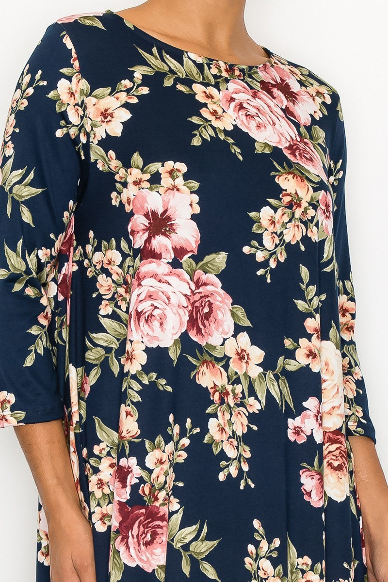 Navy mauve floral women's maxi dress with side pockets by Casa Lee, featuring a relaxed fit and elegant floral pattern.