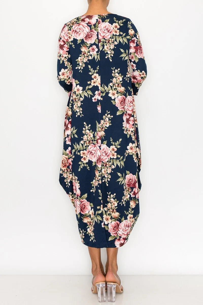 Navy mauve floral women's maxi dress with side pockets by Casa Lee, featuring a flowing silhouette and elegant floral pattern.