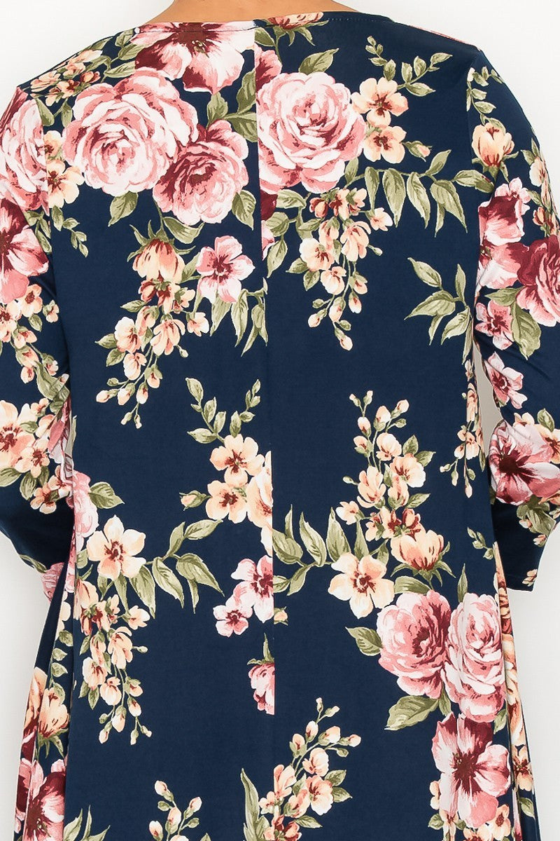 Navy mauve floral women's maxi dress with side pockets by Casa Lee, featuring a flowing design and comfortable fit.