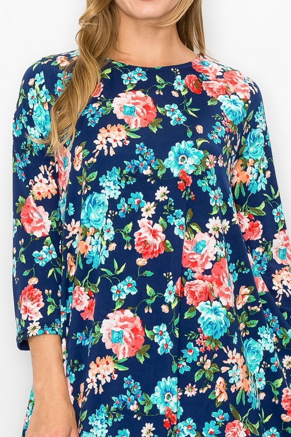 Navy pink floral women's bubble maxi dress with pockets by Casa Lee, flowing fabric, and a relaxed fit.