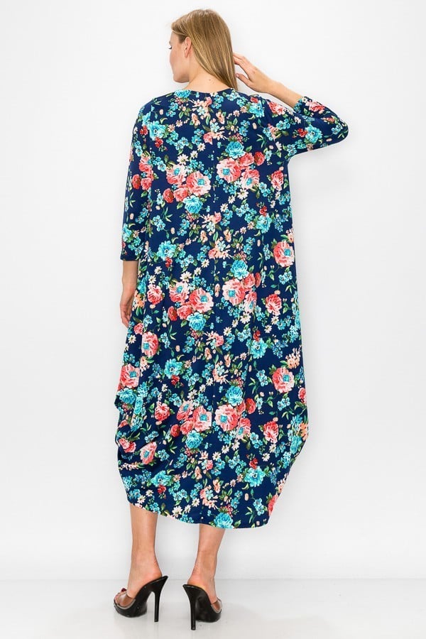 Navy pink floral women's bubble maxi dress with pockets by Casa Lee, featuring a flowy silhouette and vibrant floral pattern.