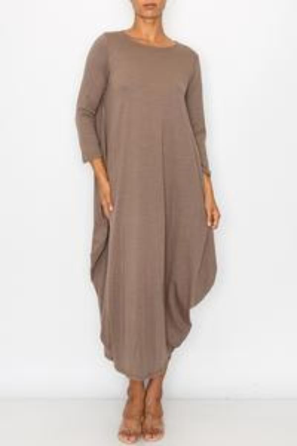 Taupe women's maxi dress by Casa Lee featuring side pockets and a relaxed fit, perfect for casual or elegant occasions.
