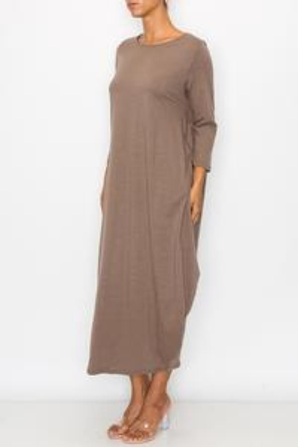 Taupe women's maxi dress with side pockets by Casa Lee, featuring a relaxed fit and stylish design perfect for casual wear.