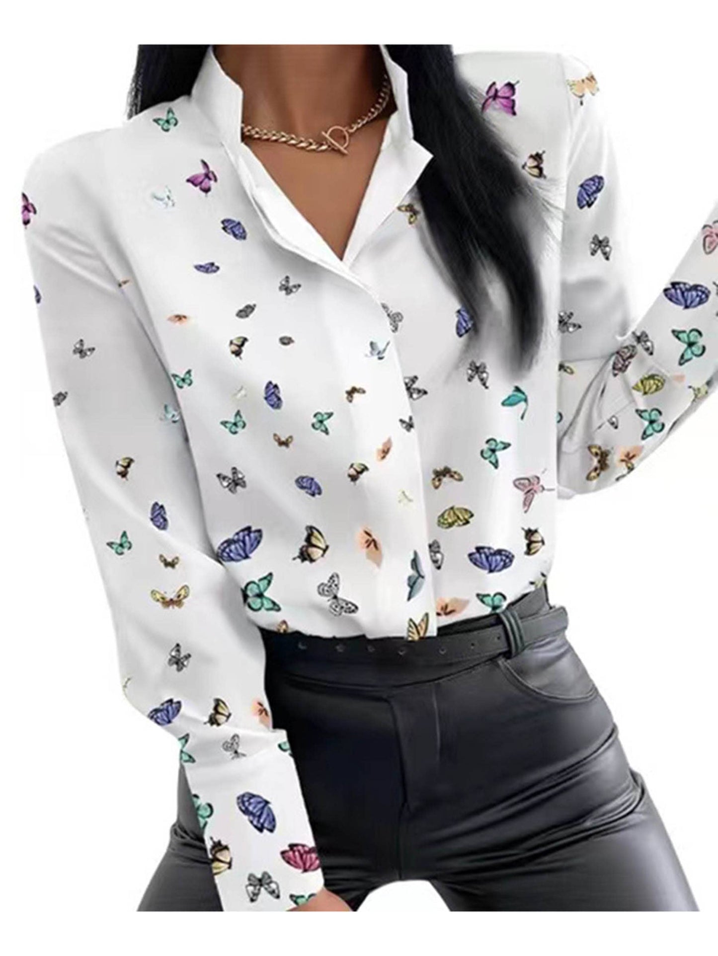 Floral Printed Long Sleeve Casual T Shirt Lapel Button Blous: Navy