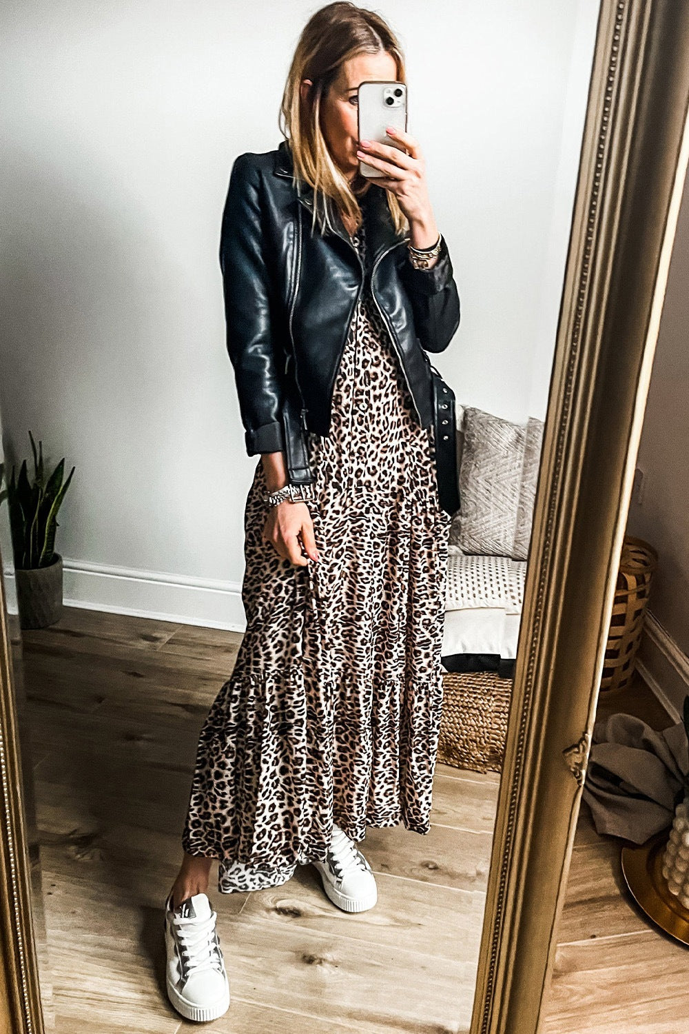 Leopard Notched Long Sleeve Maxi Dress