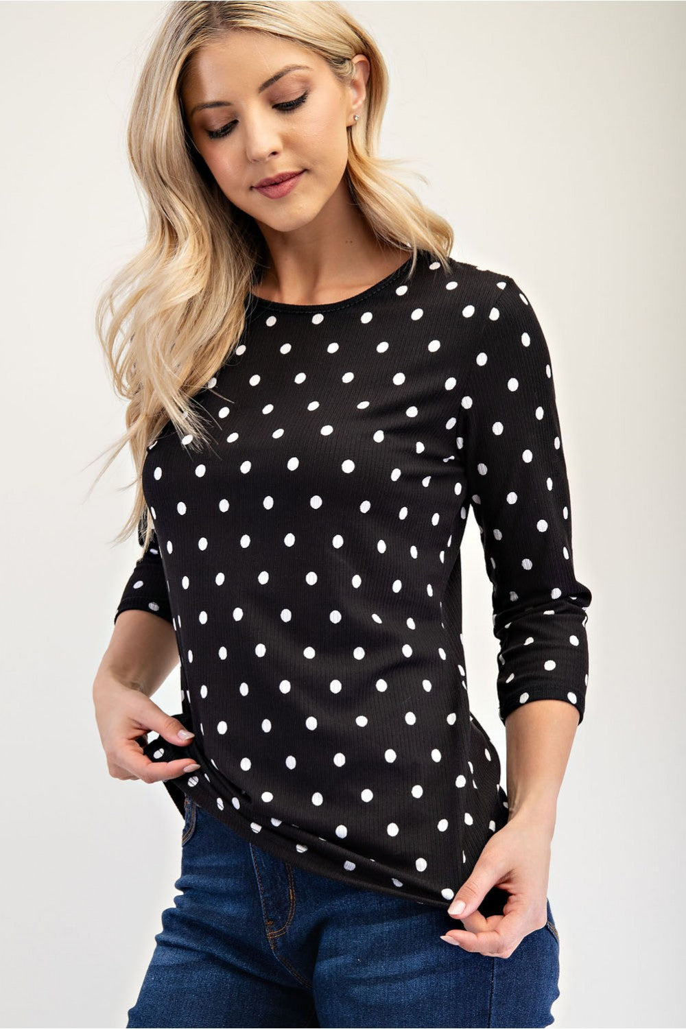 Black polka dot layering top by Celeste Clothing, 3/4 sleeve shirt, stylish and comfortable for Missy regular sizes.