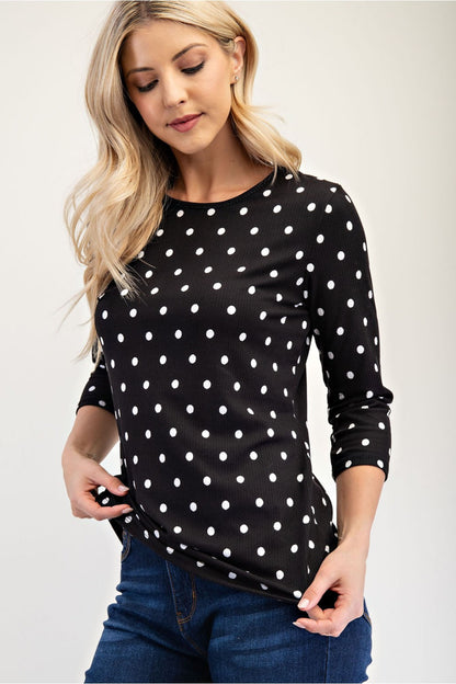 Black polka dot layering top by Celeste Clothing, 3/4 sleeve shirt in missy regular sizes with stylish layered design.
