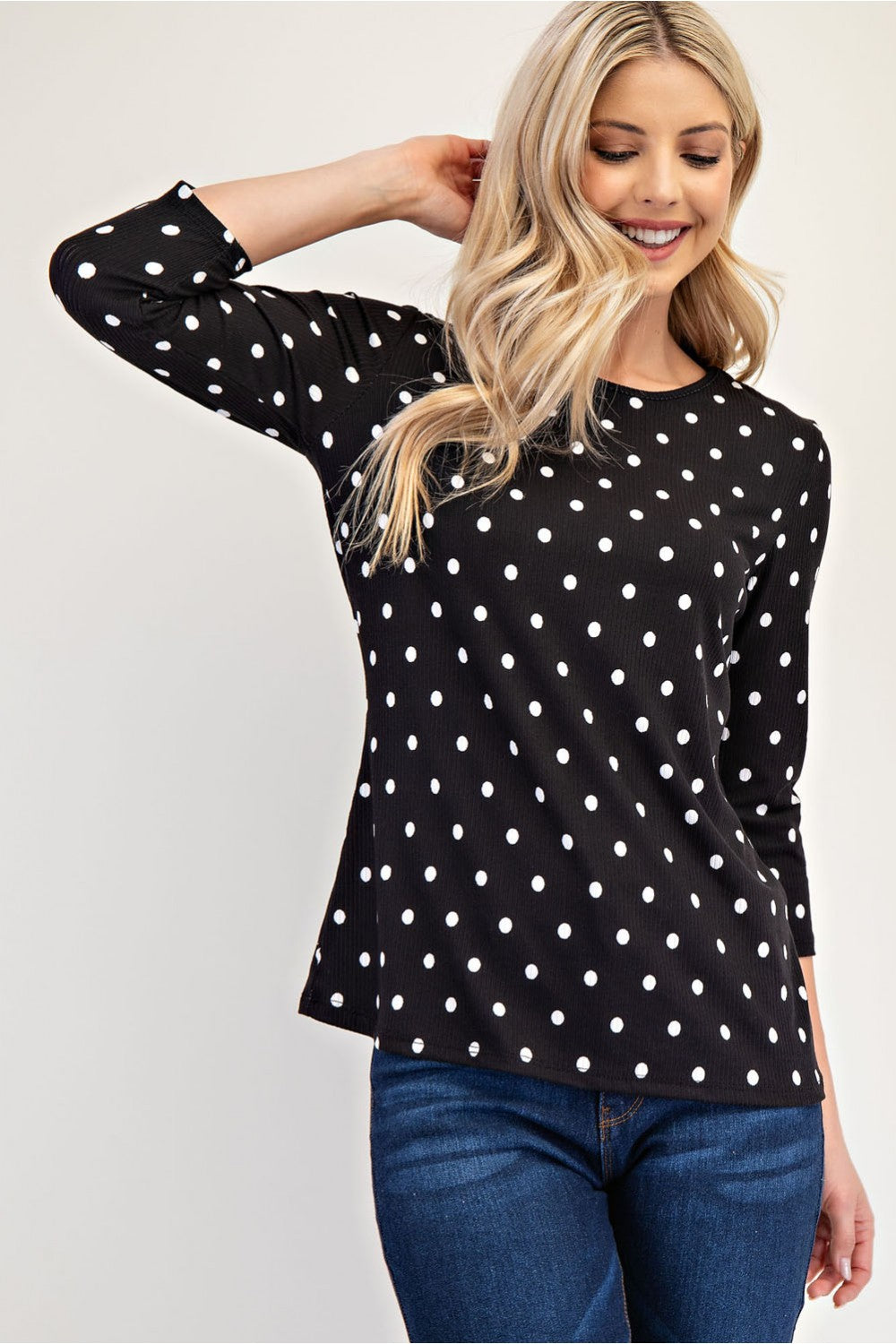 Black polka dot layering top by Celeste Clothing, 3/4 sleeve shirt with a stylish, layered design for Missy regular sizes.