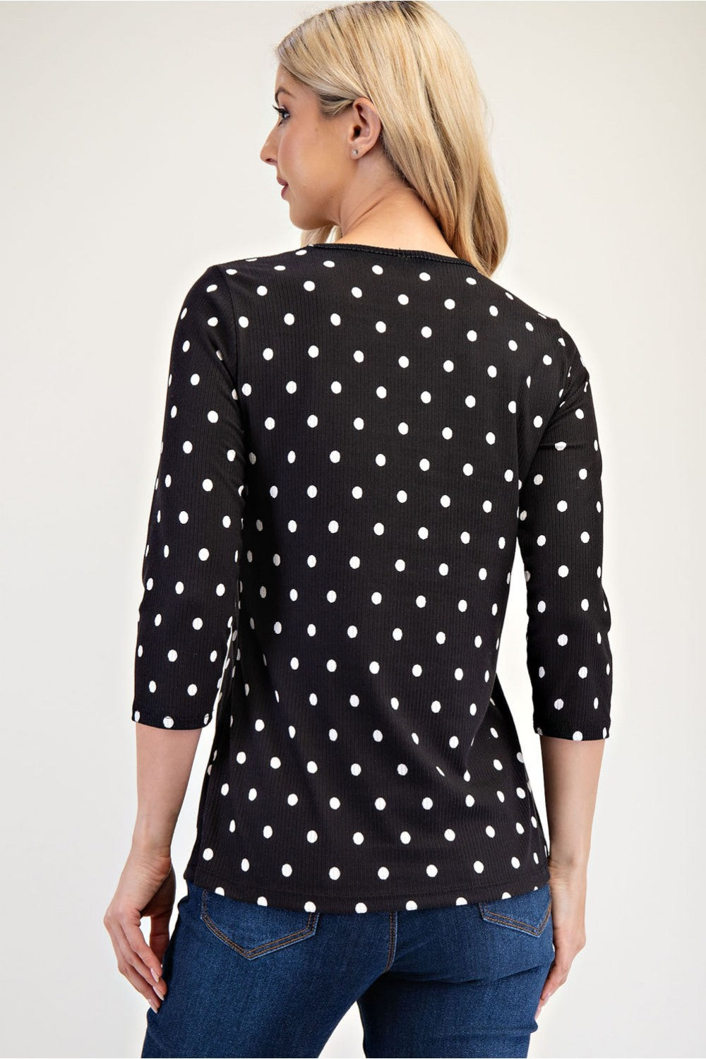 Black polka dot layering top by Celeste Clothing, missy regular sizes, 3/4 sleeves, casual stylish shirt.