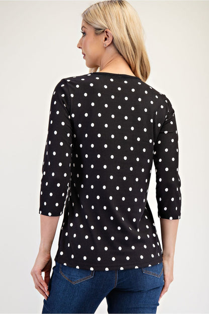 Black polka dot layering top by Celeste Clothing, Missy regular sizes, 3/4 sleeve shirt with a relaxed fit.