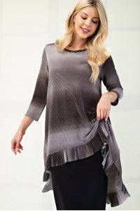 Blue high-low ombre 3/4 sleeve top by Celeste Clothing, featuring a modest design and flowing silhouette.