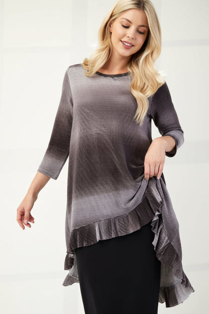 Blue high-low ombre 3/4 sleeve top by Celeste Clothing, featuring a modest design and flowing silhouette.