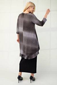 Blue high-low ombre 3/4 sleeve top by Celeste Clothing featuring a modest, flowing design and a stylish hi-lo hem.