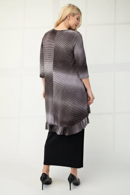 Blue high-low ombre 3/4 sleeve top by Celeste Clothing featuring a modest, flowing design and a stylish hi-lo hem.