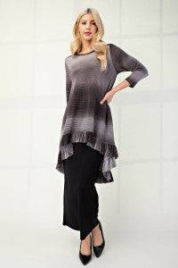 Blue Celeste Clothing high-low ombre top with 3/4 sleeves, featuring a modest, flowing design and stylish hi-lo hem.