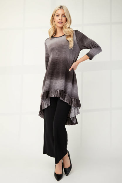 Blue Celeste Clothing high-low ombre top with 3/4 sleeves, featuring a modest, flowing design and stylish hi-lo hem.