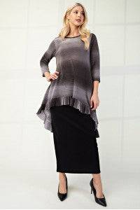 Blue Celeste Clothing high-low ombre top with 3/4 sleeves, featuring a modest design and stylish hi-lo hem.
