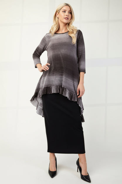 Blue Celeste Clothing high-low ombre top with 3/4 sleeves, featuring a modest design and stylish hi-lo hem.