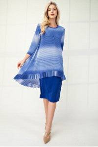 Celeste Clothing blue high-low ombre 3/4 sleeve modest top with flowing hem, stylish and comfortable for casual wear.