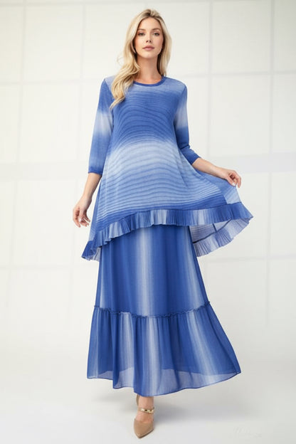 Celeste Clothing blue high-low ombre 3/4 sleeve modest top with flowing hem, stylish and comfortable for casual wear.