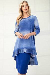 Blue Modest High-Low Hi-Lo Ombre 3/4 Sleeve Top by Celeste Clothing, showcasing a flowing, stylish design with a gradient color effect.