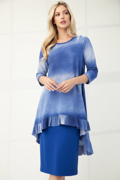 Blue Modest High-Low Hi-Lo Ombre 3/4 Sleeve Top by Celeste Clothing, showcasing a flowing, stylish design with a gradient color effect.
