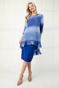 Blue Celeste Clothing high-low ombre 3/4 sleeve top with a modest fit, featuring a stylish hi-lo hem and soft fabric.